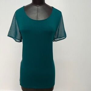 Teal Sheer-Sleeve Blouse | Scoop Neck Stretch Top | Work to Weekend Style